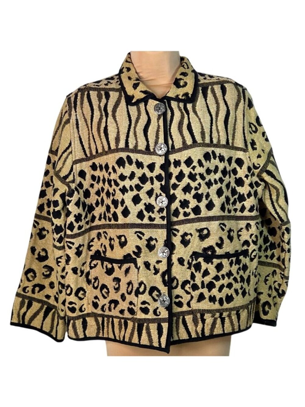 Vintage Jane Ashley Casual Lifestyle Animal Print Tapestry Woven Jacket M Cotton